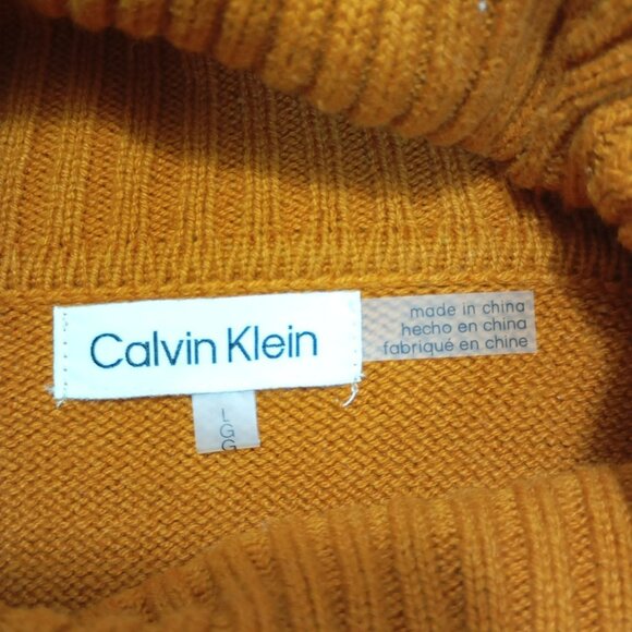 Calvin Klein Sweater Mustard Ribbed Cowl Neck Womens Size L Cotton Blend - Picture 2 of 10